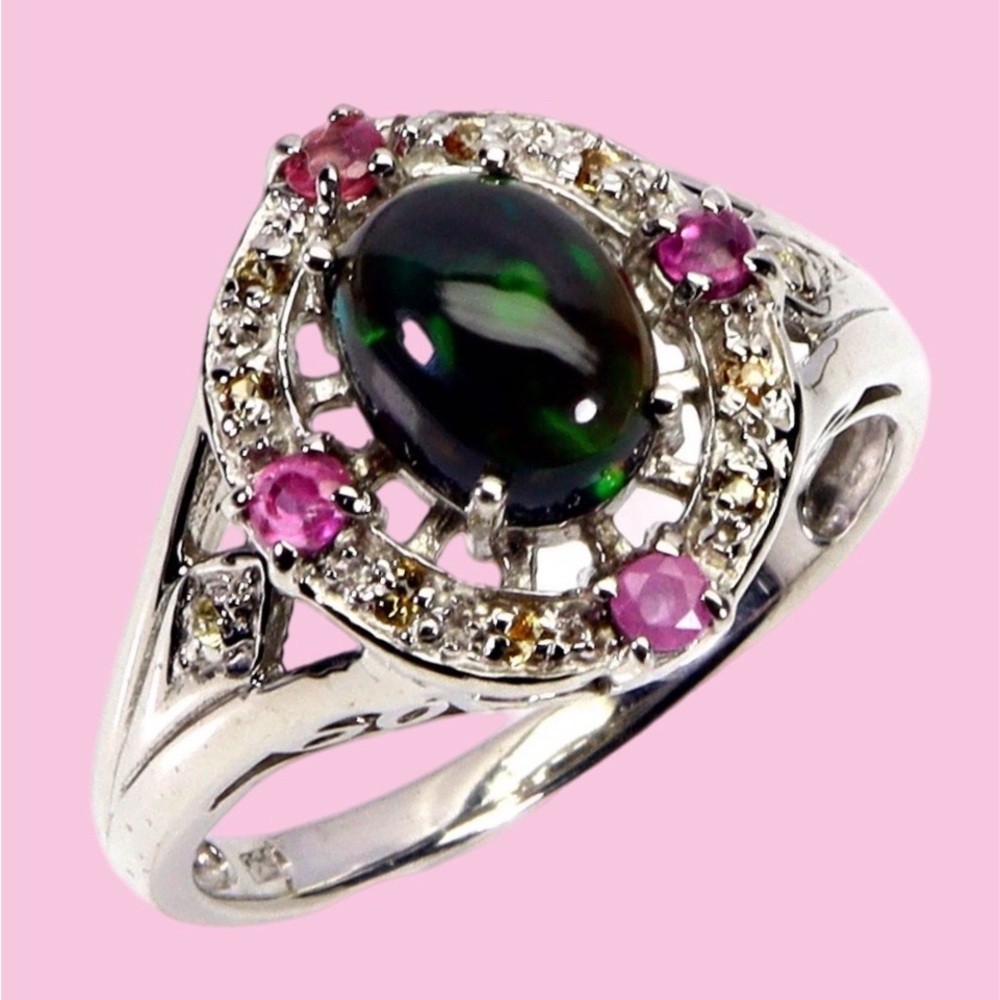 Genuine Rare Black Opal, Rubies & Sapphire Ring 
See Video